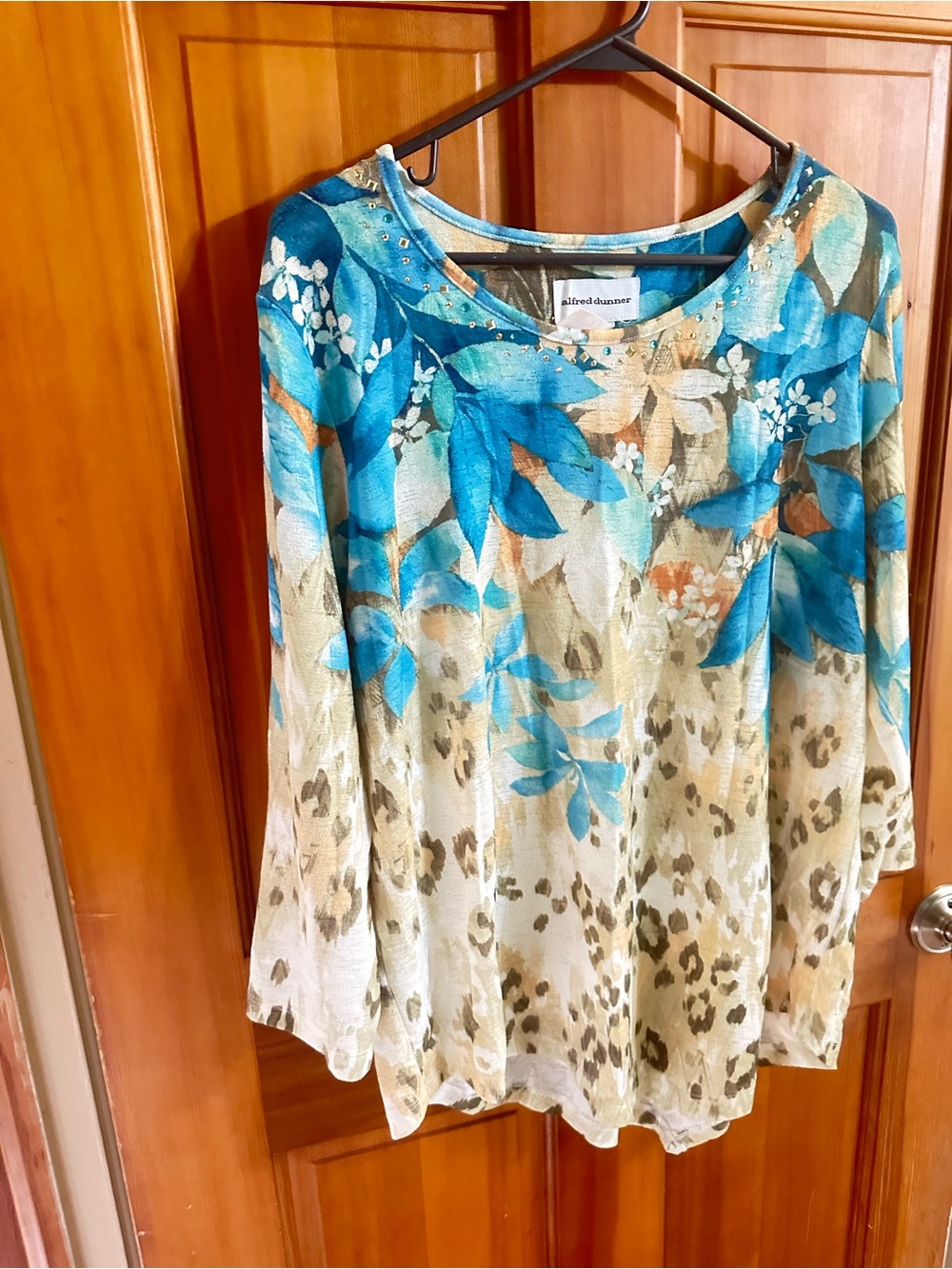 Alfred Dunner Teal and Cream Floral-Leaf Long Sleeve Top